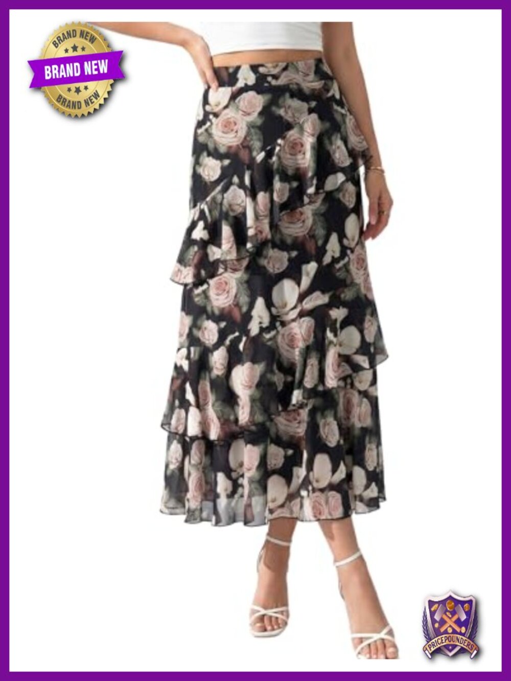 Boho Floral Midi Skirt A Line Tiered Ruffle Chiffon
